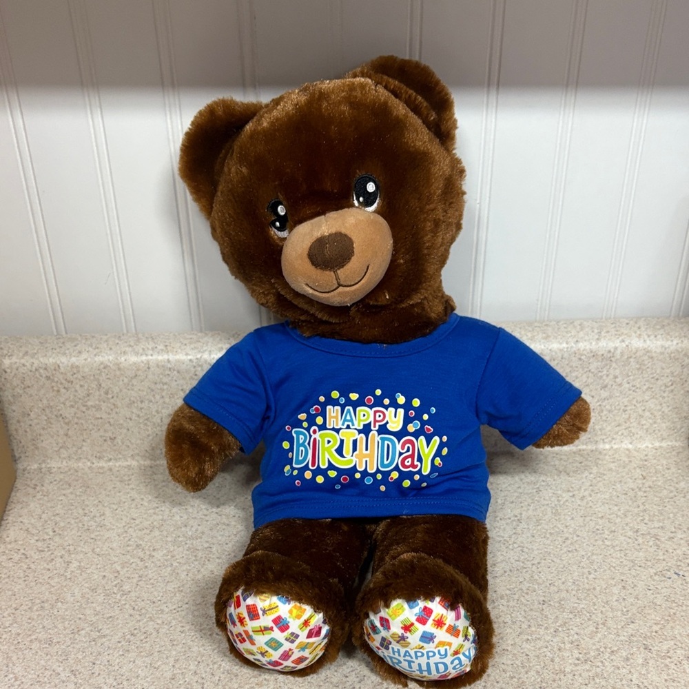 Build-A-Bear Brown Teddy with Blue Happy Birthday Shirt - Picture 1 of 5